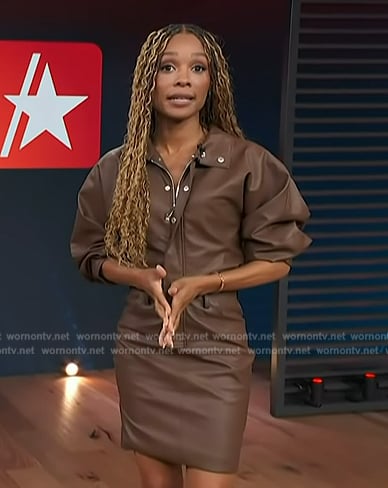 Zuri’s brown leather mini dress on Access Hollywood