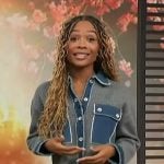 Zuri’s colorblock jacket and tweed jeans on Access Hollywood