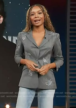 Zuri’s gray embellished blazer on Access Hollywood