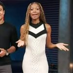 Zuri’s white cable knit sleeveless dress on Access Hollywood