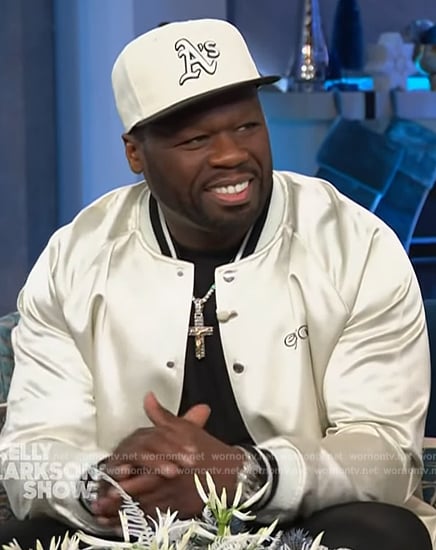 50 cent’s satin bomber jacket on The Kelly Clarkson Show