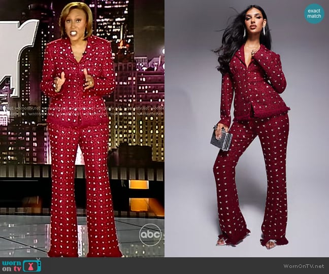 Asos Luxe Embellished Boucle Blazer and Flare Pants worn by Robin Roberts on Good Morning America