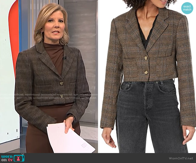 ASTR The Label Siarah Jacket in Brown Blue Multi worn by Kate Snow on NBC News Daily