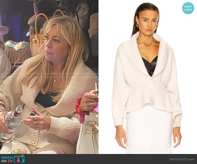 Alaia Shawl Collared Sculpted Long Sleeve Cardigan in Ivory worn by Sutton Stracke on The Real Housewives of Beverly Hills