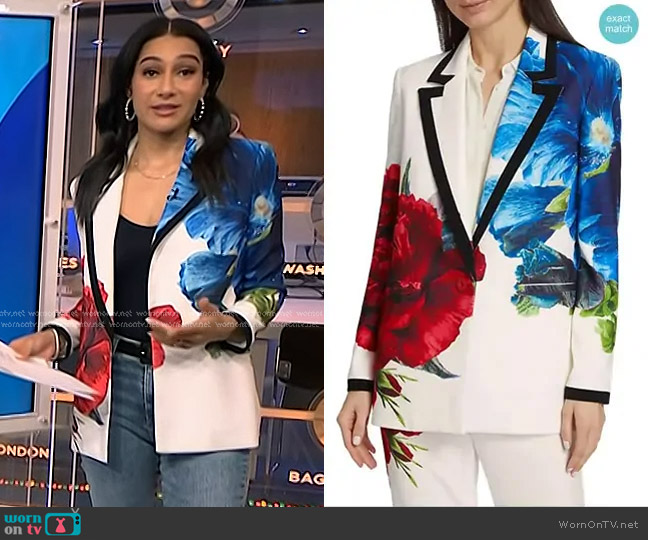 Alice + Olivia Denny Large Format Floral Blazer in Le Parisen worn by Morgan Radford on NBC News Daily