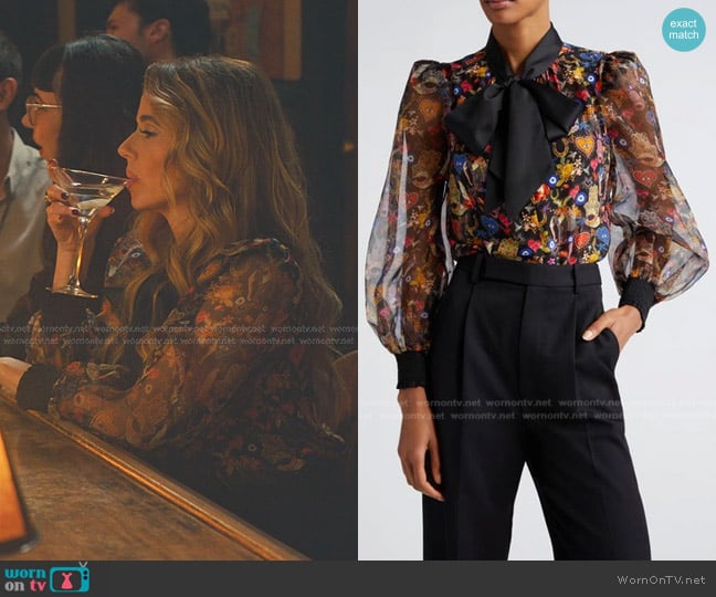 Alice + Olivia Brentley Printed Satin Tie-neck Blouse in Etherealsm worn by Margo Starling (Linda Cardellini) on No Good Deed