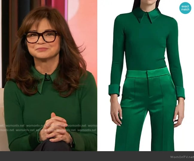 Alice + Olivia Porla Collared Sweater in Forest Green worn by Valerie Bertinelli on The Drew Barrymore Show