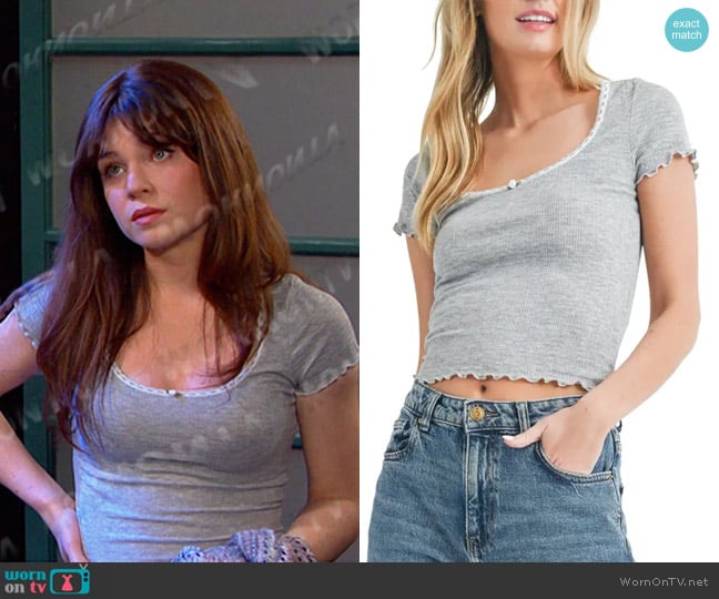 All in Favor Lettuce Edge Crop T-Shirt in Heather Grey worn by  Joy Wesley (AlexAnn Hopkins) on Days of our Lives