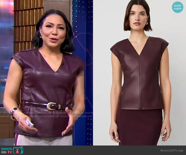 Ann Taylor Faux Leather V-Neck Cap Sleeve Top in Mauve Rose worn by Stephanie Ramos on Good Morning America