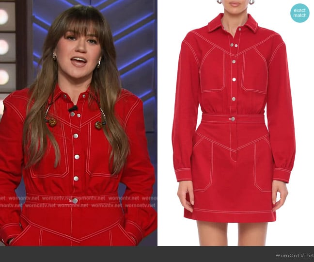 Avec Les Filles Carpenter Long Sleeve Denim Shirtdress worn by Kelly Clarkson on The Kelly Clarkson Show