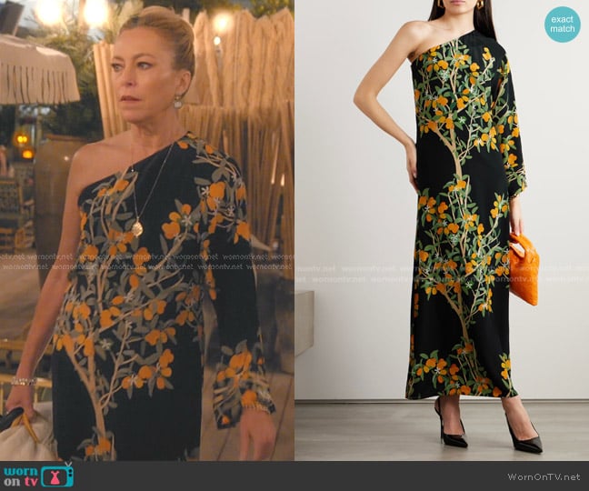 Sutton’s black floral one shoulder dress on The Real Housewives of Beverly Hills