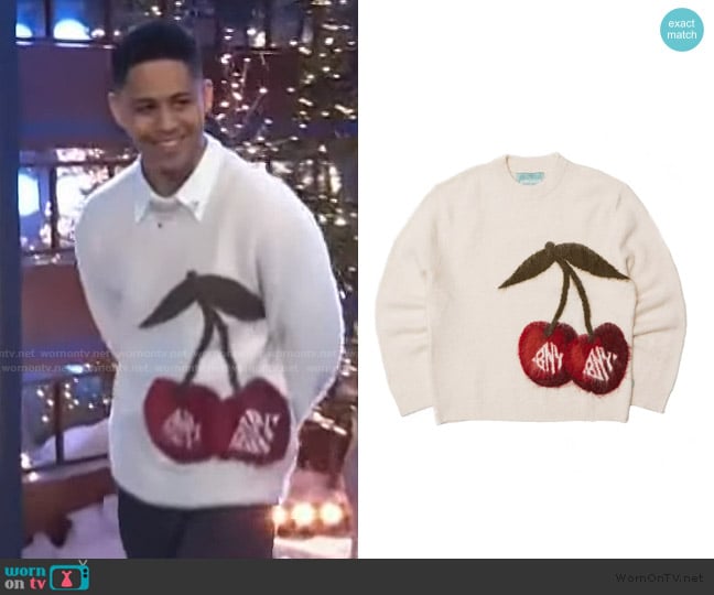 Rhenzy Feliz’s cherry print mohair sweater on The Kelly Clarkson Show