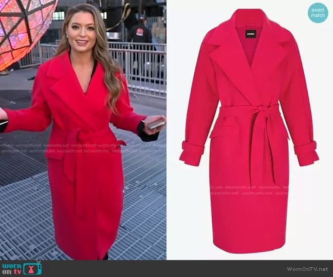 Express Belted Wrap Front Faux Wool Coat in Flamingo Pink worn by Dani Beckstrom on Good Morning America