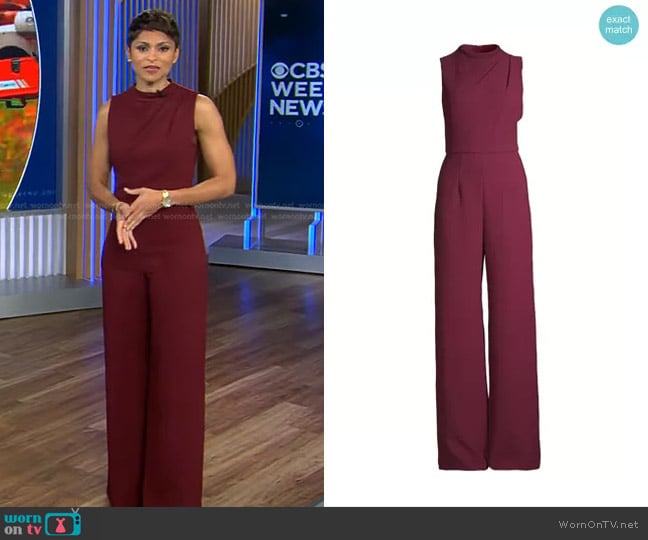 Black Halo Corinne Sleeveless Flared-Leg Jumpsuit in Maroon worn by Jericka Duncan on CBS Evening News