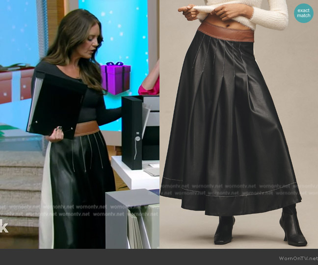 Anthropologie Faux-Leather Colorblock Pleated Maxi Skirt worn by Monica Mangin on Live with Kelly and Mark