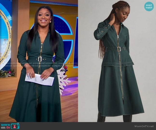 Anthropologie Long-Sleeve Belted Front-Zip Midi Dress in Green worn by Morgan Norwood on Good Morning America