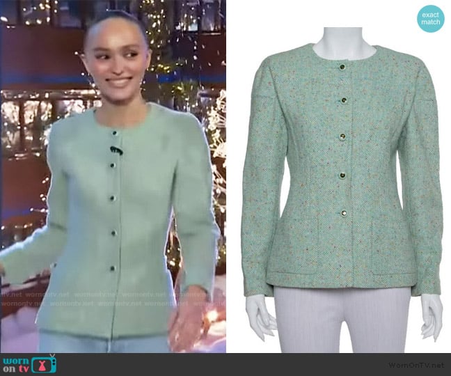  Mint Green Tweed Button Front Jacket Chanel                        worn by Lily-Rose Depp on The Kelly Clarkson Show