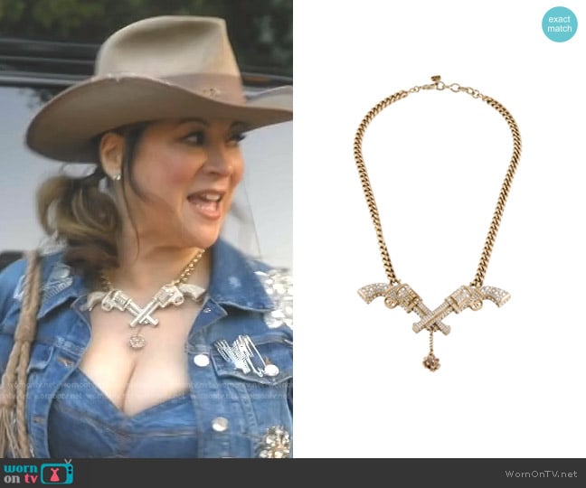 Chanel Strass & Resin Paris-Dallas CC Pistol Pendant Necklace worn by Jennifer Tilly on The Real Housewives of Beverly Hills