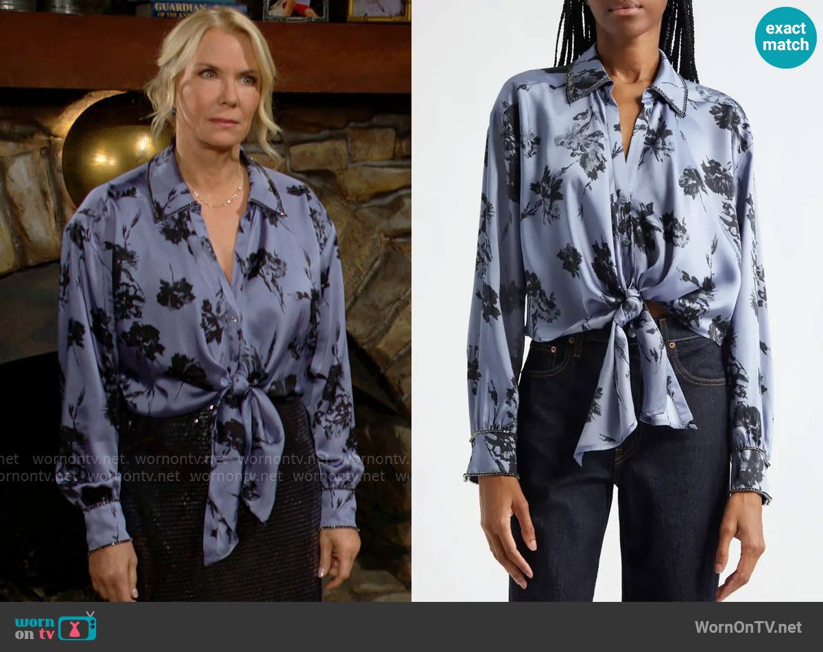 Cinq a Sept Marianna Floral Embellished Tie Front Top in Rustic Blue Multi worn by Brooke Logan (Katherine Kelly Lang) on The Bold and the Beautiful