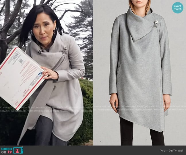 All Saints City Monument Coat in Stone White worn by Vicky Nguyen on Today