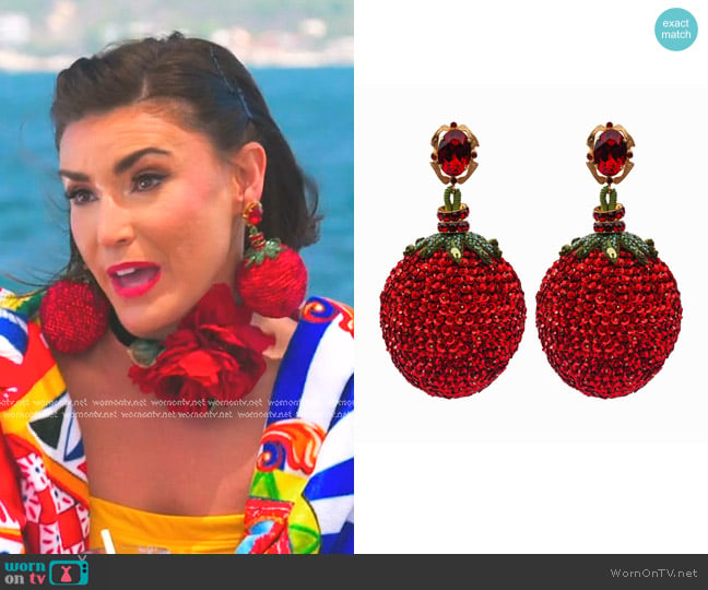 Dolce & Gabbana Baroque Crystal Sequin Strawberry Clip Earrings worn by Bronwyn Newport on The Real Housewives of Salt Lake City