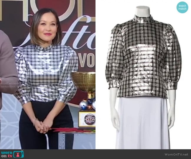 Ganni Silk Plaid Blouse worn by Eva Pilgrim on Good Morning America