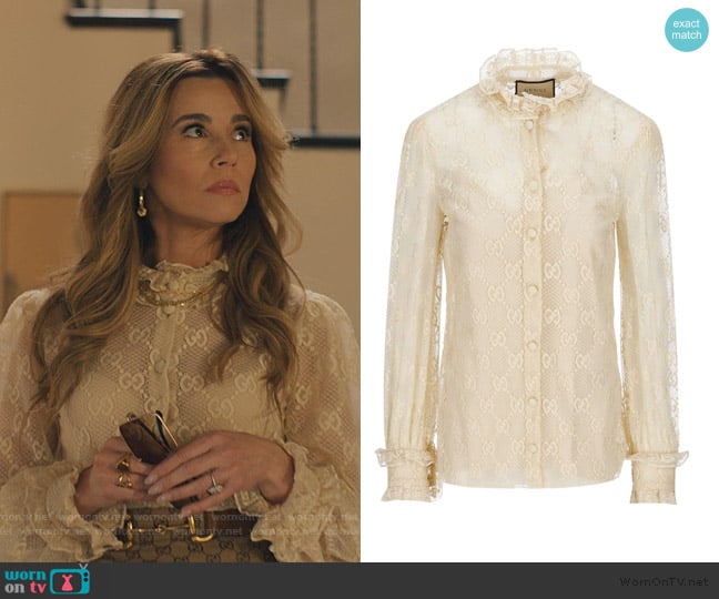 Gucci Frilled High Neck Monogram Lace Blouse worn by Margo Starling (Linda Cardellini) on No Good Deed