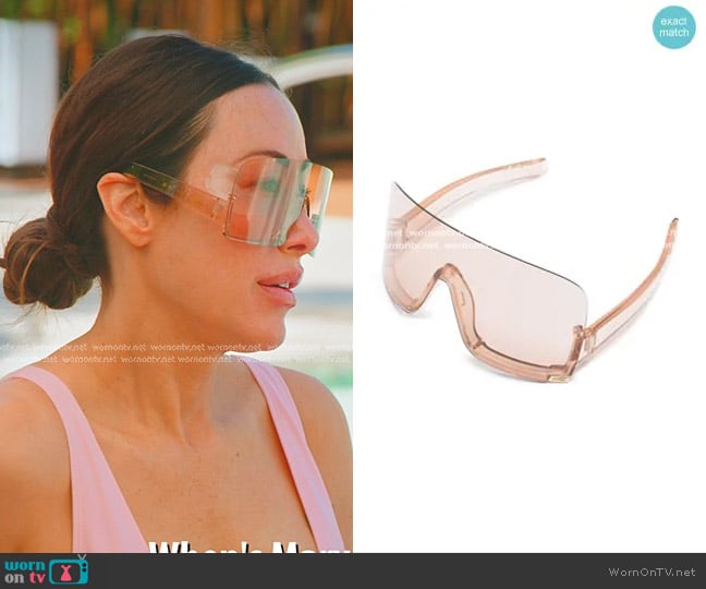 Gucci Logo-lettering Shield-frame Sunglasses in Light Pink worn by Angie Katsanevas on The Real Housewives of Salt Lake City