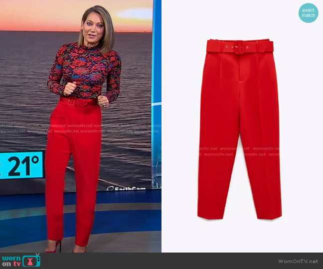 Zara High-Waisted Belted Pants worn by Ginger Zee on Good Morning America