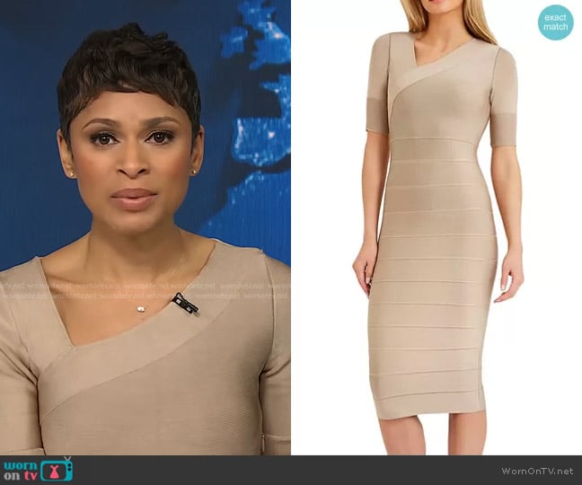 Herve Leger Icon Asymmetrical Body-Con Midi-Dress worn by Jericka Duncan on CBS Evening News