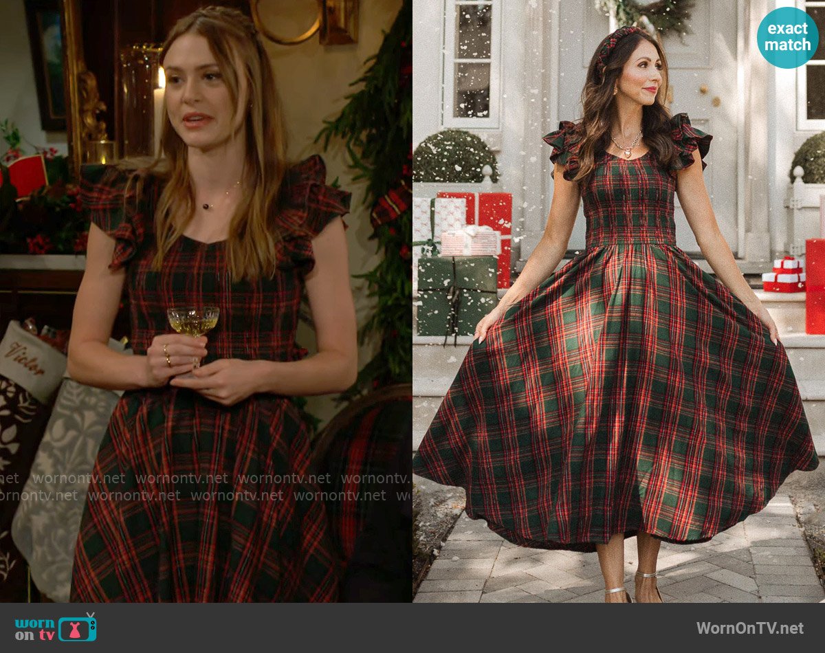 Ivy City Hattie Dress in Green Plaid worn by Claire Grace (Hayley Erin) on The Young and the Restless