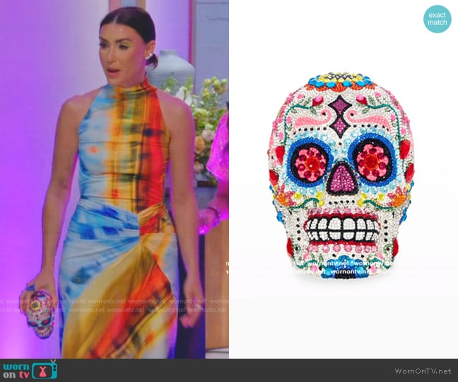 Judith Leiber Couture Skull Calavera Crystal Clutch Minaudiere worn by Bronwyn Newport on The Real Housewives of Salt Lake City