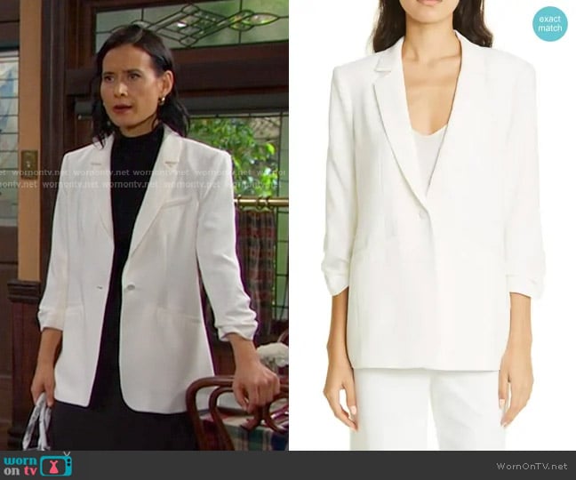 Cinq a Sept Khloe Ruched Sleeve Blazer worn by Amy Choi (Shi Ne Nielson) on Days of our Lives