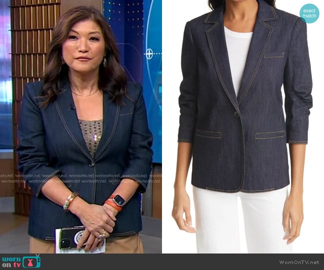 Cinq a Sept Khloe Ruched Sleeve Denim Blazer worn by Juju Chang on Good Morning America