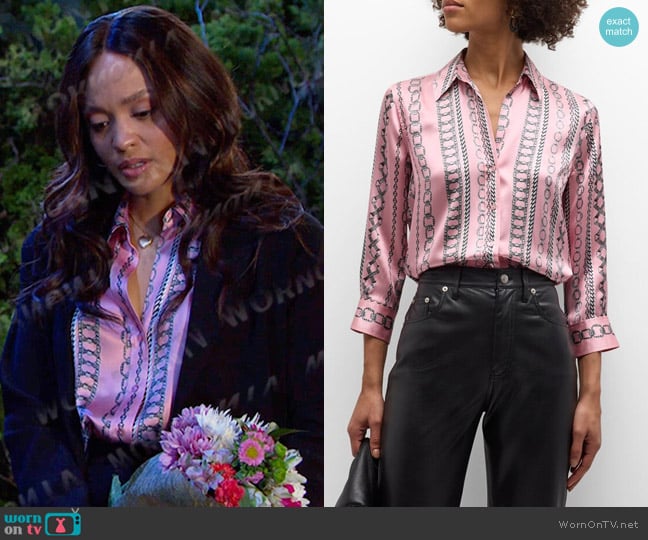 L'Agence Dani Chain-Print Button-Front Silk Blouse worn by Lani Price (Sal Stowers) on Days of our Lives