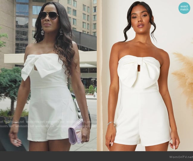 Lulus Memorable Status Ivory Strapless Bow-Front Cutout Romper worn by Stacey Rusch on The Real Housewives of Potomac