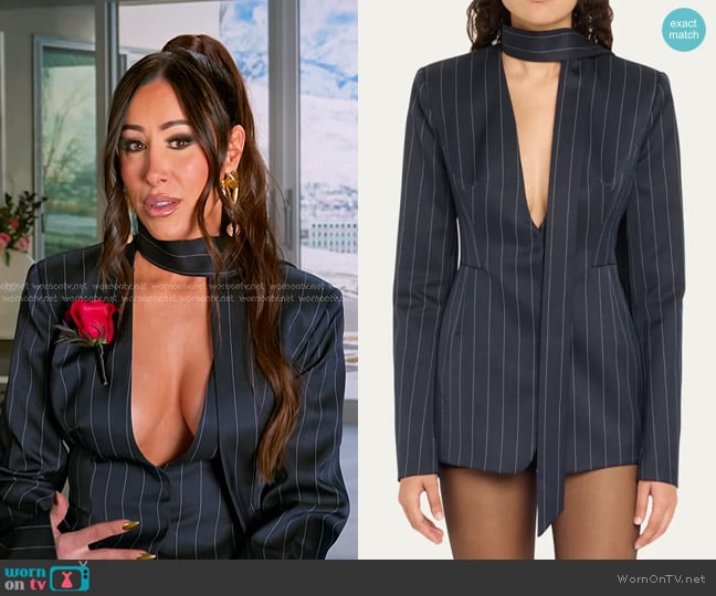 LaQuan Smith Pinstripe V-Neck Scarf Cutout Blazer Mini Dress worn by Angie Katsanevas on The Real Housewives of Salt Lake City