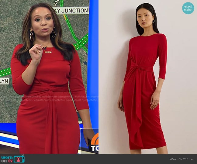 Lauren Ralph Lauren Twist-Front Stretch Jersey Midi Dress in Festive Red worn by Adelle Caballero on Today