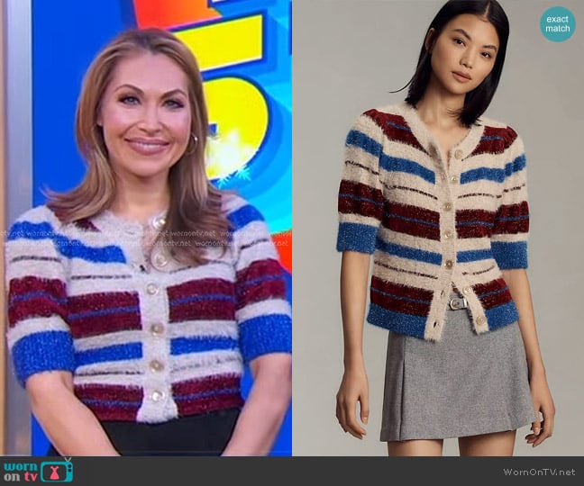 Maeve Short-Sleeve Fuzzy Cardigan Sweater worn by Lori Bergamotto on Good Morning America