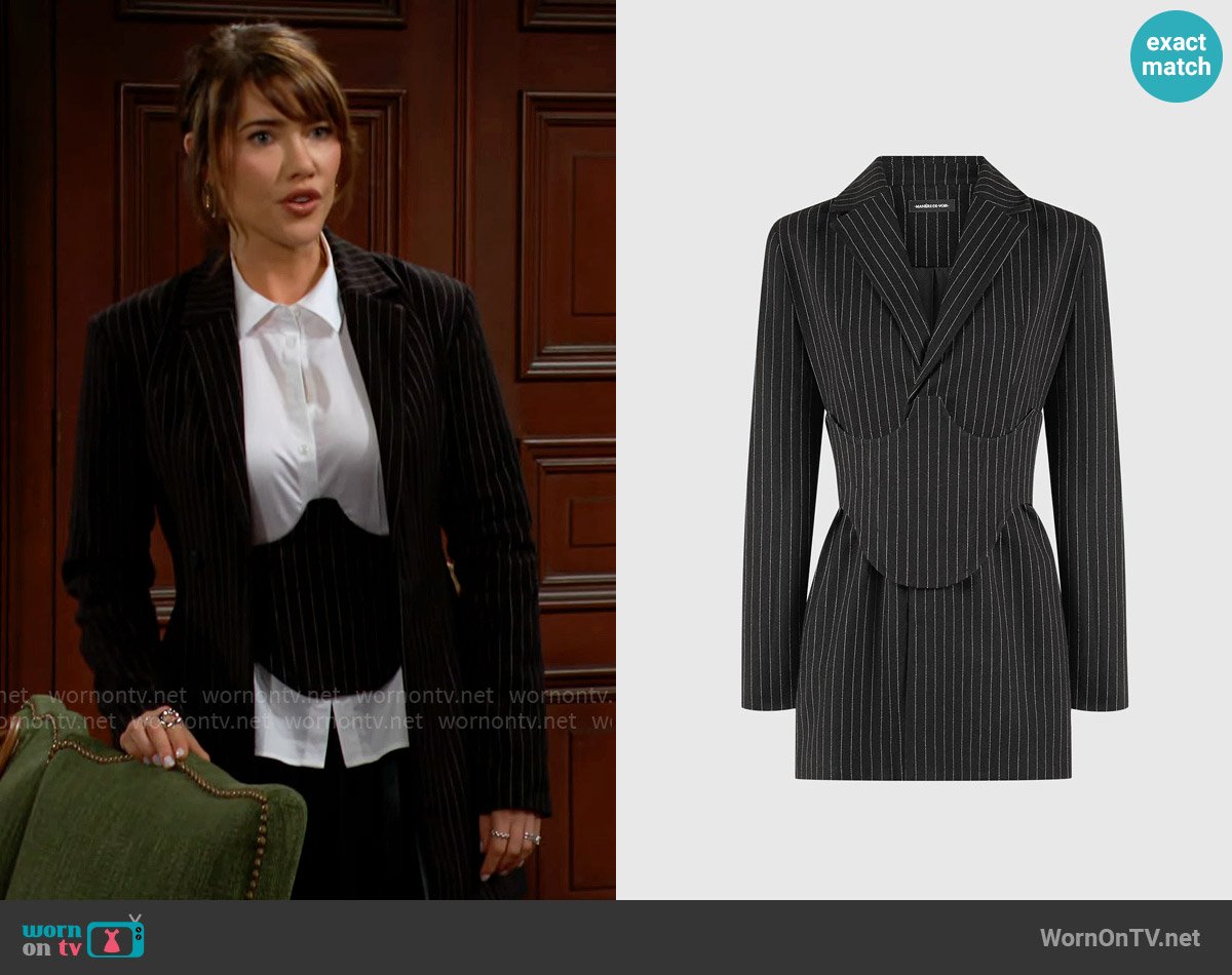 Maniere de Voir Pinstripe Blazer Dress with Reversible Corset worn by Steffy Forrester (Jacqueline MacInnes Wood) on The Bold and the Beautiful