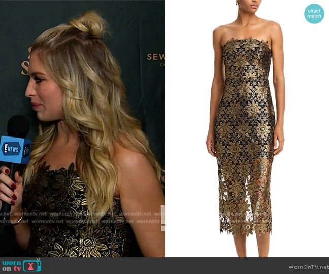 Ashley Bellman’s metallic floral strapless dress on E! News