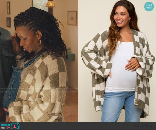 Pink Blush Olive Checkered Print Oversized Maternity Cardigan worn by Carla Owens (Teyonah Parris) on No Good Deed