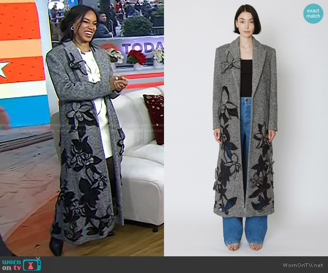 Oscar de la Renta Oversized Wool Twill Coat with Cut Out Orchid Embroidery worn by Kerry Washington on Today