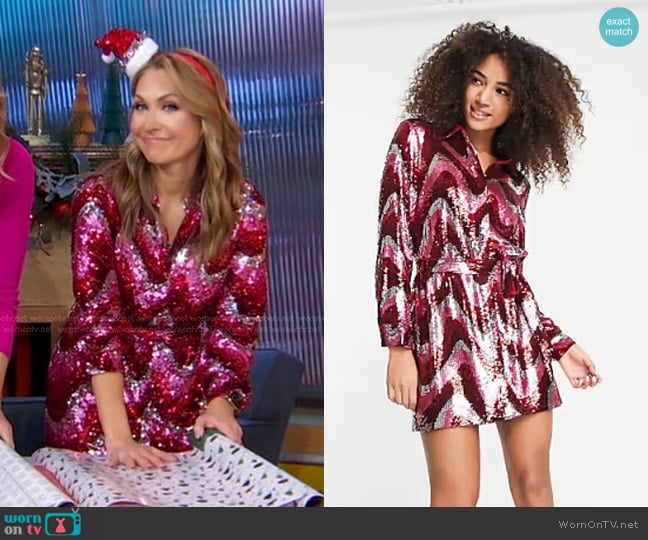 & Other Stories All Over Wave Sequin Mini Shirt Dress in pink worn by Lori Bergamotto on Good Morning America