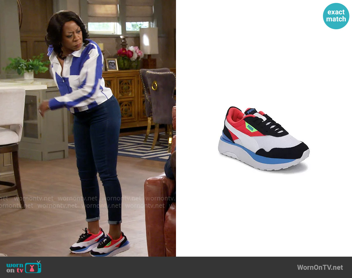 Puma Cruise Rider Sneakers in White Sunblaze worn by Tina Butler (Tichina Arnold) on The Neighborhood