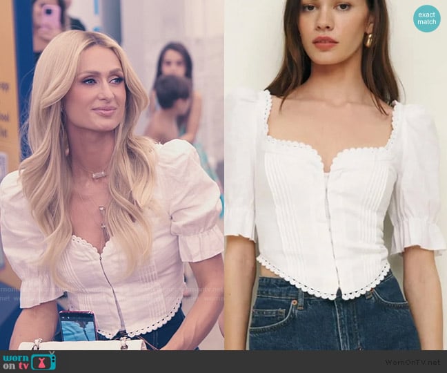 Reformation Simmie Linen Top worn by Paris Hilton on Paris and Nicole The Encore