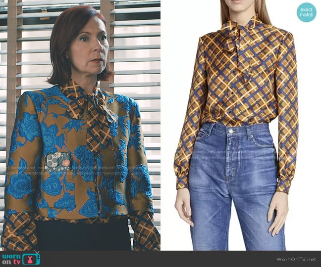 Saint Laurent Retro Diamond-Printed Silk Blouse worn by Elsbeth Tascioni (Carrie Preston) on Elsbeth