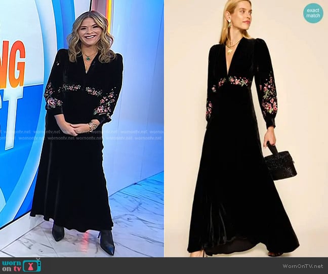 Rixo Emory Embroidered Velvet Gown in Blossom Embroidery Pink worn by Jenna Bush Hager on Today