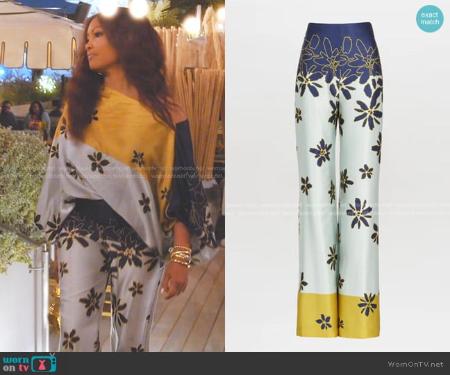 Silvia Tcherassi Como Floral Colorblocked Pants In Navy Citrine Floral worn by Garcelle Beauvais on The Real Housewives of Beverly Hills