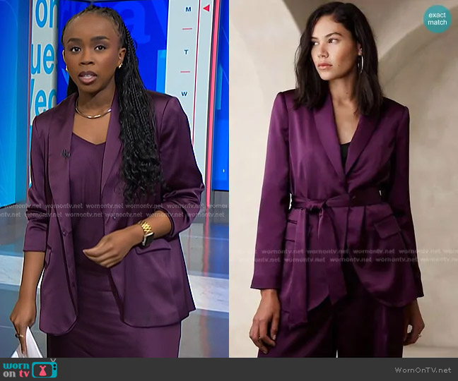 Banana Republic Satin Tie Waist Blazer in New Pinot Noir worn by Zinhle Essamuah on NBC News Daily